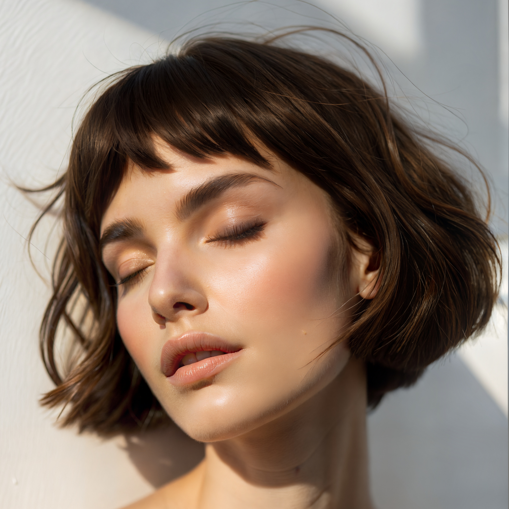 Close-up of a woman with short brown hair against a light background